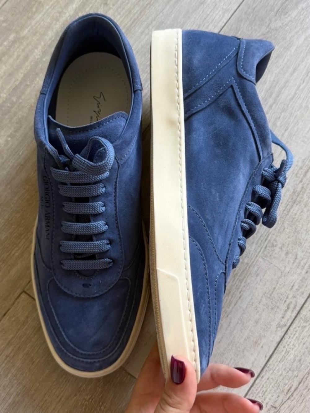 Emporio Armani Navy Suede Sneakers with Cream Rubber Sole - Picture 5 of 6